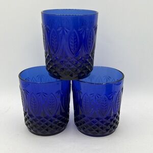 Set of 3 Vtg Arcoroc Avon Royal Sapphire Cobalt Blue‎ Glass Leaf Tumbler France
